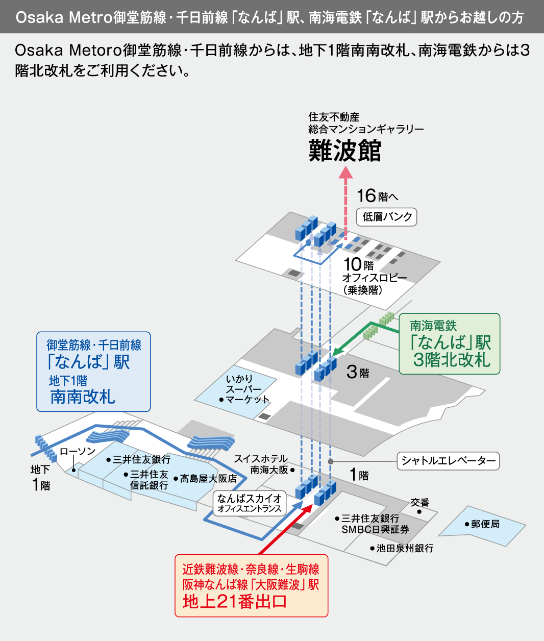 Osaka Metro御堂筋線・千日前線「なんば」駅、南海電鉄「なんば」駅からお越しの方