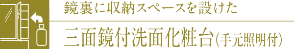 鏡裏に収納スペースを設けた三面鏡付洗面化粧台（手元照明付）
