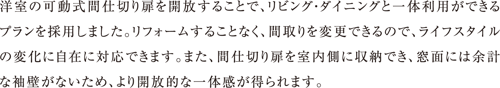 �m���̉����Ԏd�؂�����J�����邱�ƂŁA���r���O�E�_�C�j���O�ƈ�̗��p���ł���v�������̗p���܂����B���t�H�[�����邱�ƂȂ��A�Ԏ���ύX�ł���̂ŁA���C�t�X�^�C���̕ω��Ɏ��݂ɑΉ��ł��܂��B�܂��A�Ԏd�؂�����������Ɏ��[�ł��A���ʂɂ͗]�v�ȑ��ǂ��Ȃ����߁A���J���I�Ȉ�̊��������܂��B