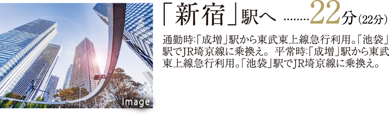 新宿駅へ22分 通勤時：「成増」駅から東武東上線急行利用。「池袋」駅でJR埼京線に乗換え。  平常時：「成増」駅から東武東上線急行利用。「池袋」駅でJR埼京線に乗換え。