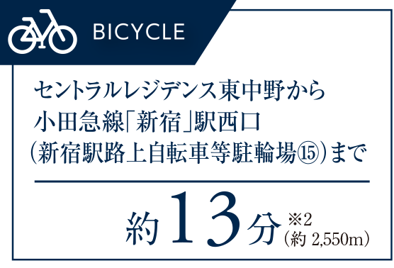BICYCLE セントラルレジデンス東中野から小田急線「新宿」駅西口（新宿駅路上自転車等駐輪場�N）まで約13分※2