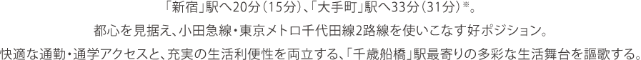 「新宿」駅へ20分（15分）、「大手町」駅へ33分（31分）<sub>※</sub>。都心を見据え、小田急線・東京メトロ千代田線2路線を使いこなす好ポジション。快適な通勤・通学アクセスと、充実の生活利便性を両立する、「千歳船橋」駅最寄りの多彩な生活舞台を謳歌する。