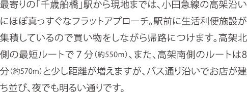 最寄りの「千歳船橋」駅から現地までは、小田急線の高架沿いにほぼ真っすぐなフラットアプローチ。駅前に生活利便施設が集積しているので買い物をしながら帰路につけます。高架北側の最短ルートで７分（約550m）、また、高架南側のルートは8分（約570m）と少し距離が増えますが、バス通り沿いでお店が建ち並び、夜でも明るい通りです。
