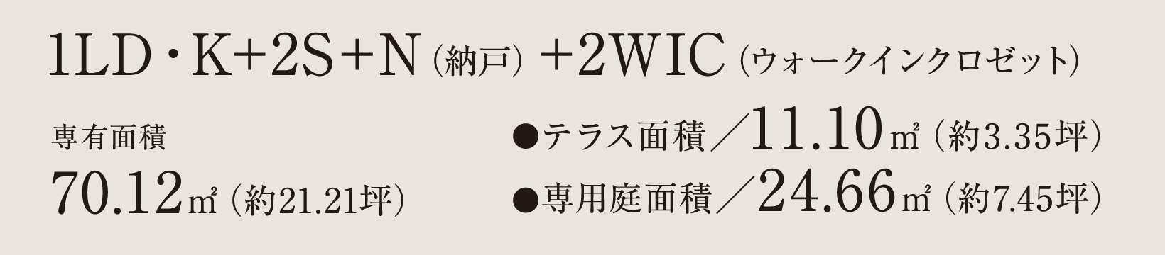 1LD・K＋2S＋N（納戸）＋2WIC（ウォークインクロゼット） 専有面積 70.12㎡（約21.21坪）●テラス面積／11.10㎡（約3.35坪）●専用庭面積／24.66㎡（約7.45坪）