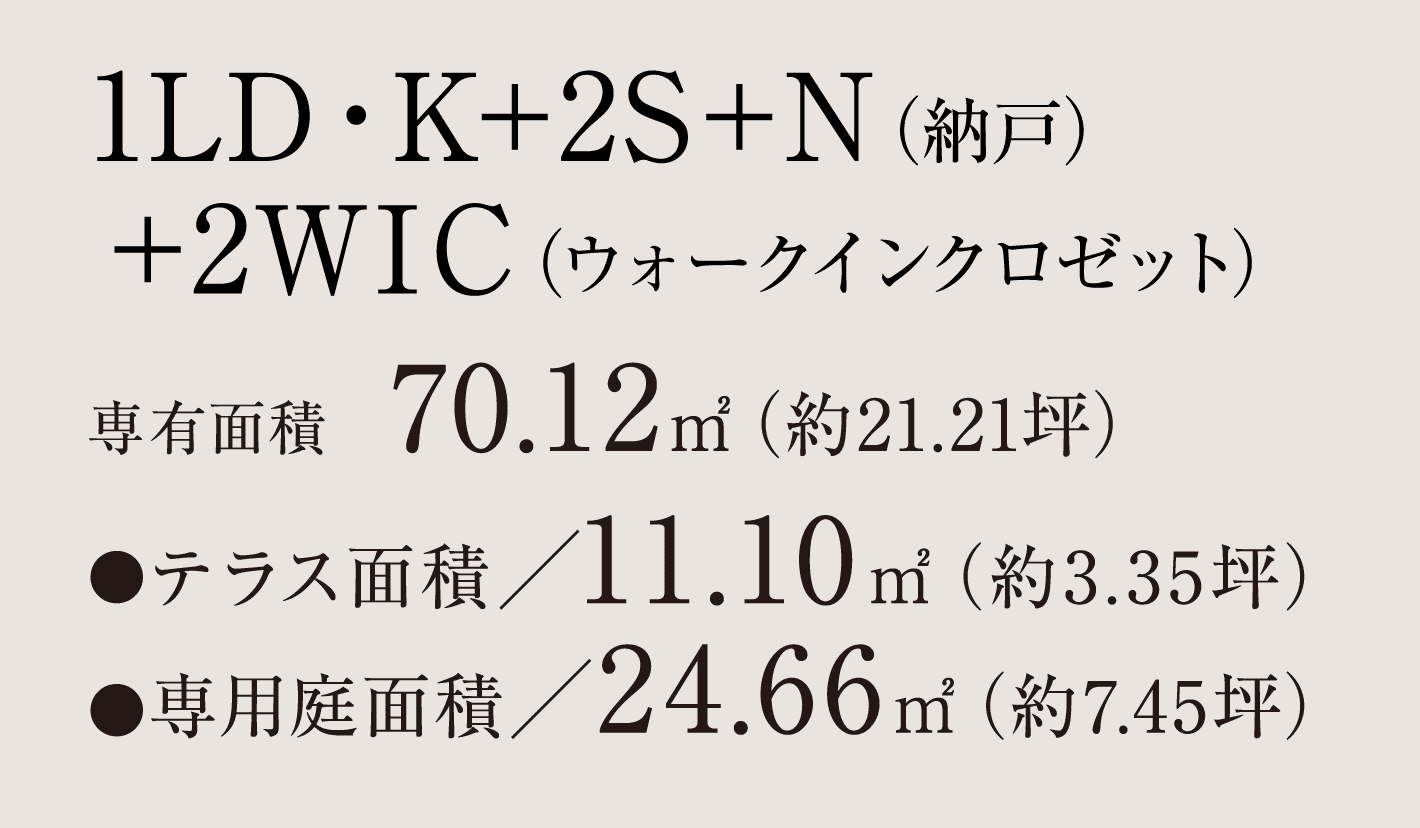 1LD・K＋2S＋N（納戸）＋2WIC（ウォークインクロゼット） 専有面積 70.12㎡（約21.21坪）●テラス面積／11.10㎡（約3.35坪）●専用庭面積／24.66㎡（約7.45坪）