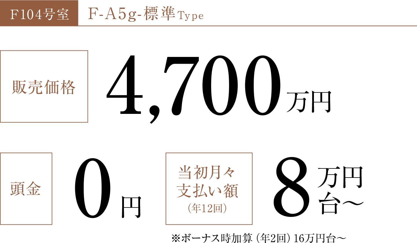 F104号室 F-A5g-標準Type 販売価格4,700万円 頭金0円 当初月々支払い額（年12回）8万円台～ ※ボーナス時加算（年2回）16万円台～