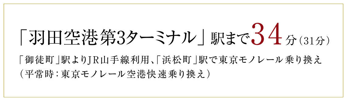 「羽田空港第3ターミナル」駅まで34分(31分)「御徒町」駅よりJR山手線利用、「浜松町」駅で東京モノレール乗り換え(平常時:東京モノレール空港快速乗り換え)