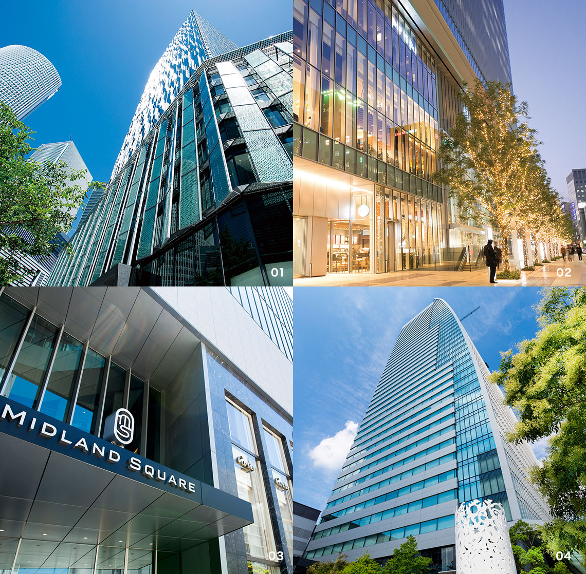 01.大名古屋ビルヂング、02.KITTE名古屋、03.ミッドランドスクエア、04.名古屋ルーセントタワー